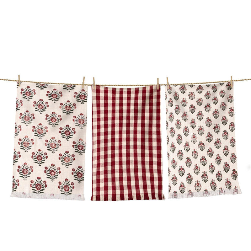 Crimson Block Print Tea Towels