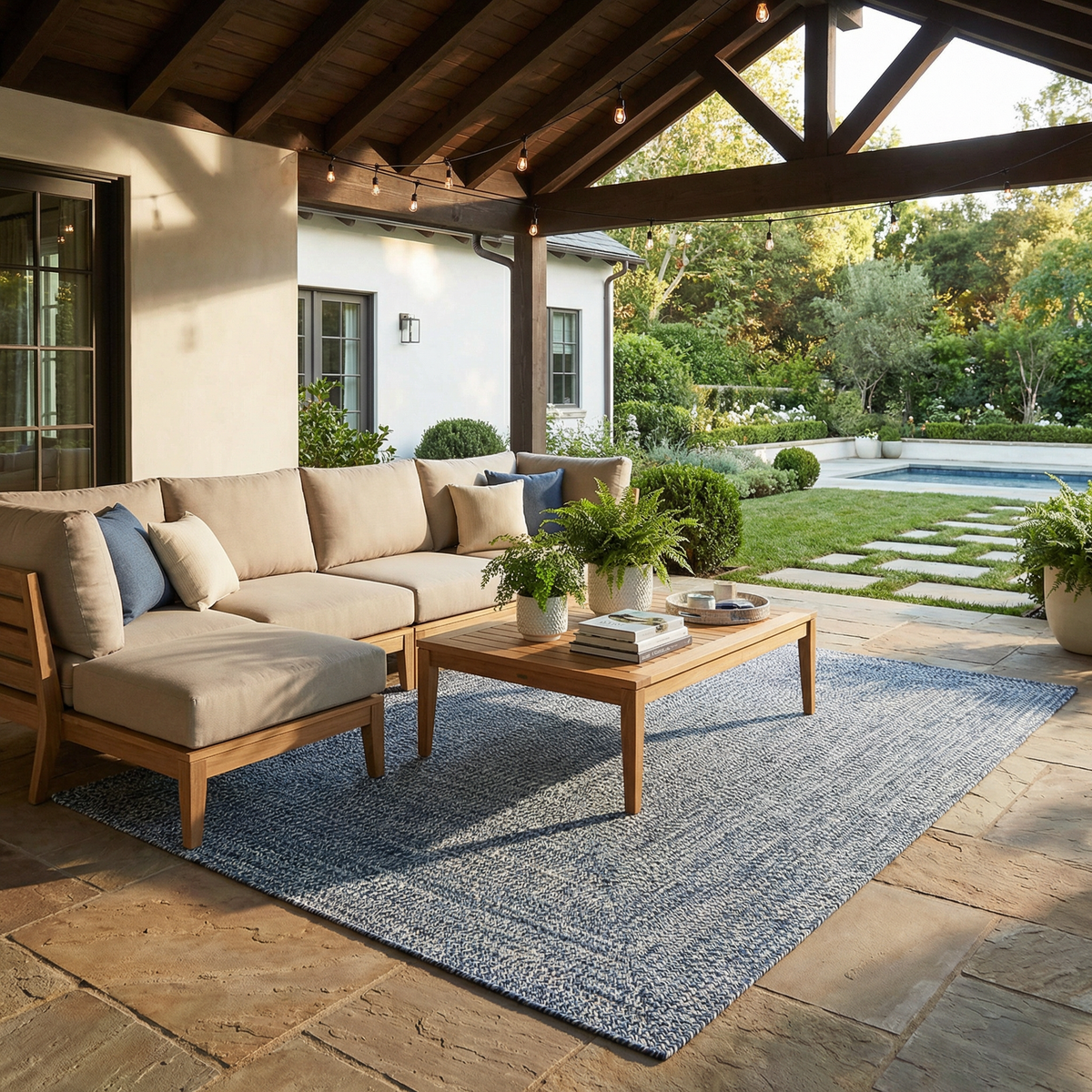 Blue Braided Faux Jute Outdoor Rug