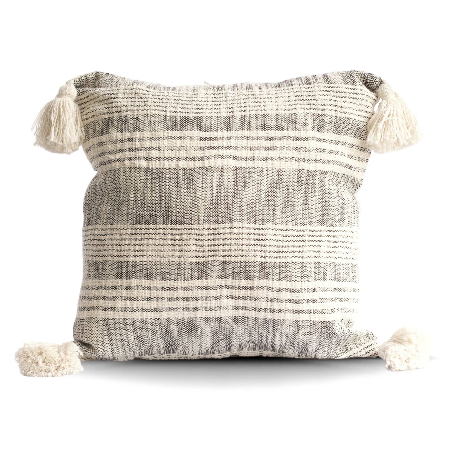 Striped Charcoal and Cream Cotton Pillow with Tassels