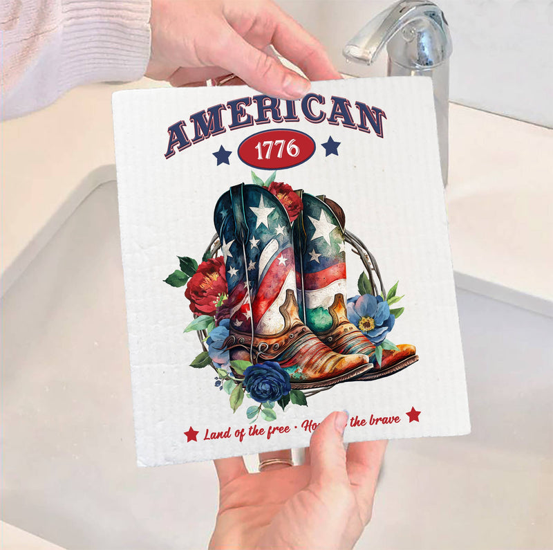 American Patriotic Cowboy Boots Swedish Dish Cloth