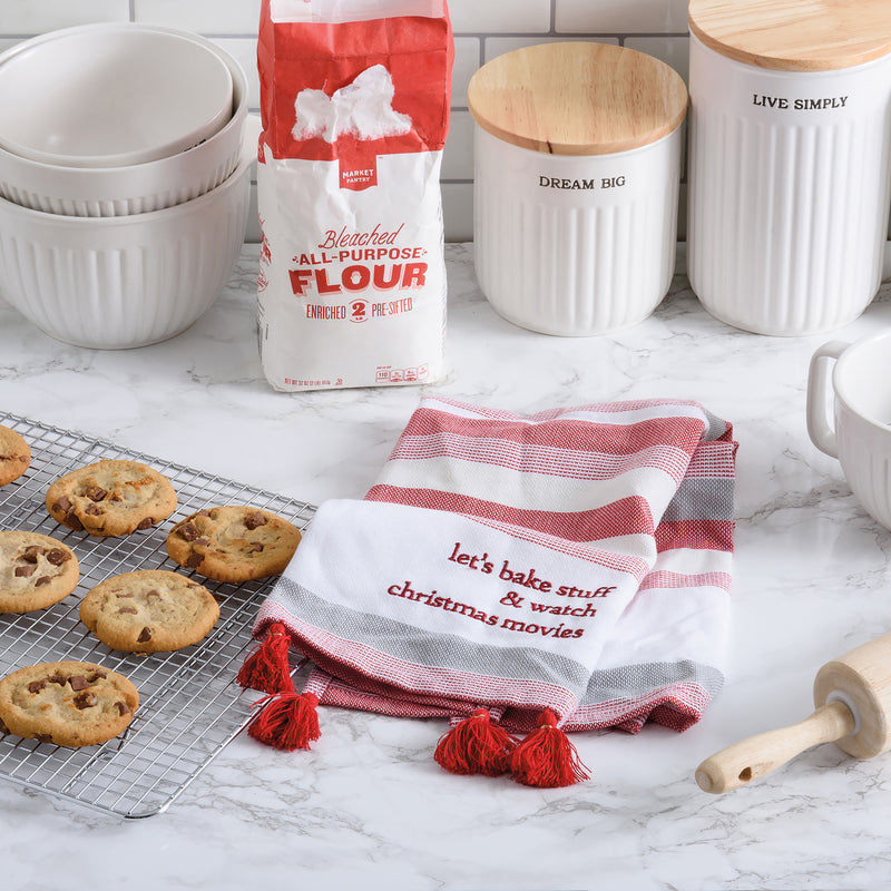 kitchen towel, let's bake stuff towel, let's bake stuff kitchen towel, Christmas hand towel, Christmas kitchen towel, striped towel, striped kitchen towel, red strip towel, red stripe kitchen towel, kitchen towel with tassels, red tassels, towel with red tassels