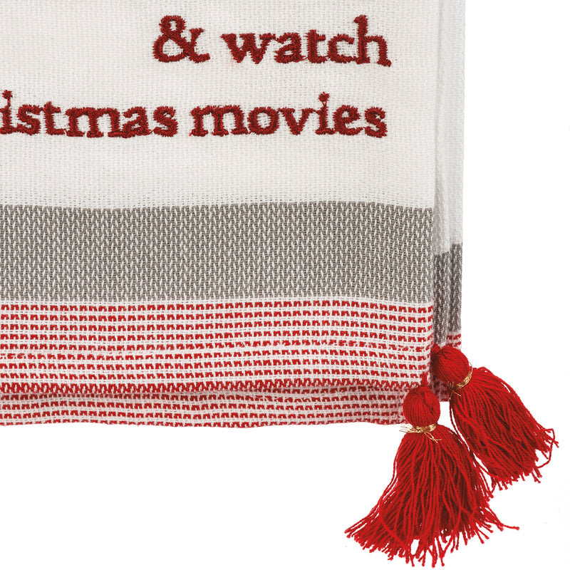 kitchen towel, let's bake stuff towel, let's bake stuff kitchen towel, Christmas hand towel, Christmas kitchen towel, striped towel, striped kitchen towel, red strip towel, red stripe kitchen towel, kitchen towel with tassels, red tassels, towel with red tassels