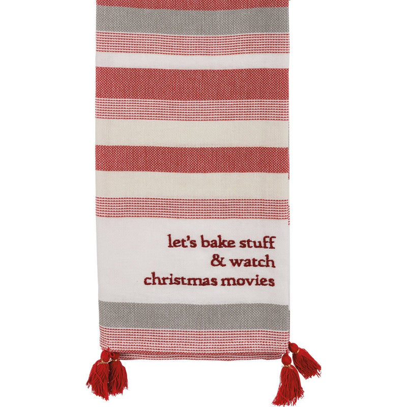 kitchen towel, let's bake stuff towel, let's bake stuff kitchen towel, Christmas hand towel, Christmas kitchen towel, striped towel, striped kitchen towel, red strip towel, red stripe kitchen towel, kitchen towel with tassels, red tassels, towel with red tassels