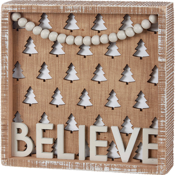 Believe box sign, Believe sign, cut-out Christmas trees, Christmas tree, Christmas trees, bohemian Christmas, sign with beads, rustic sign, rustic Christmas sign, Christmas tree cut-out, 3D sign, 3D Christmas Sign, primitives by kathy