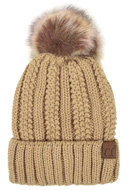 C.C Knit Beanie With Fuzzy Lining And Pom