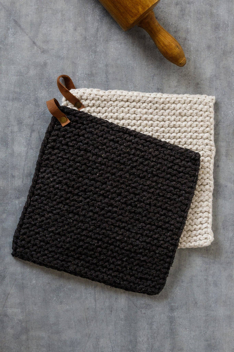 Knitted Pot Holders - Black And Cream