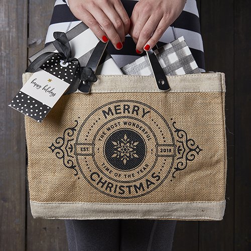 Merry Christmas Mini Tote, reusable tote, jute tote, leather handles, mini tote, gift bag, reusable gift bag, Christmas Gift Bag, Reusable Christmas Gift Bag