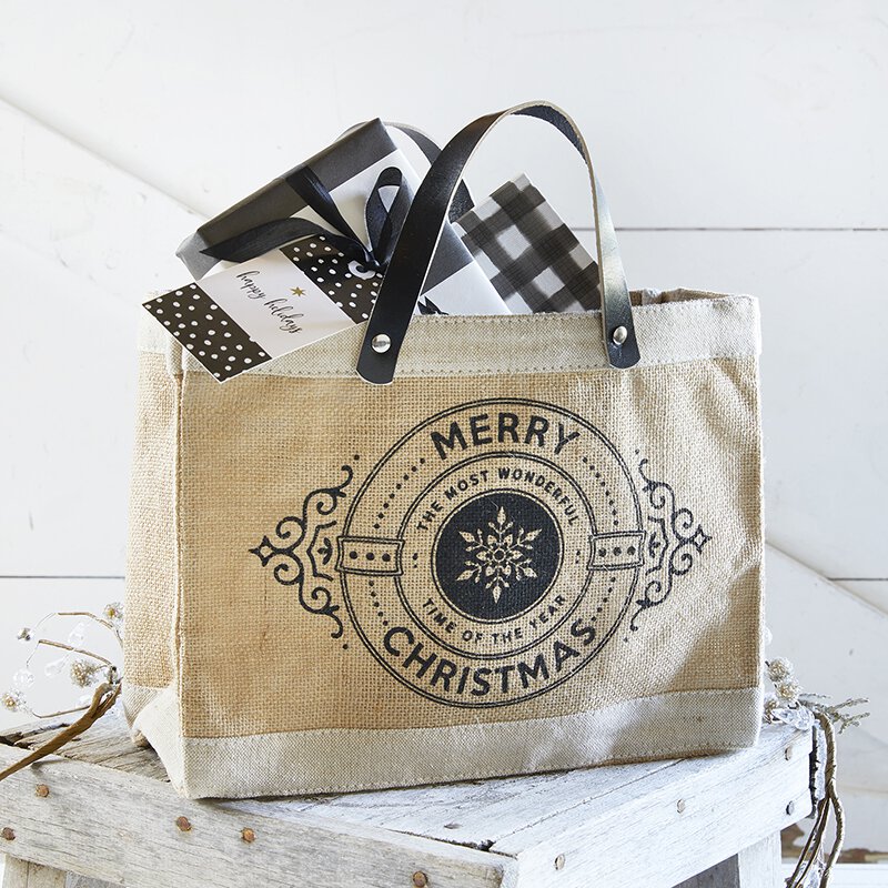 Merry Christmas Mini Tote, reusable tote, jute tote, leather handles, mini tote, gift bag, reusable gift bag, Christmas Gift Bag, Reusable Christmas Gift Bag