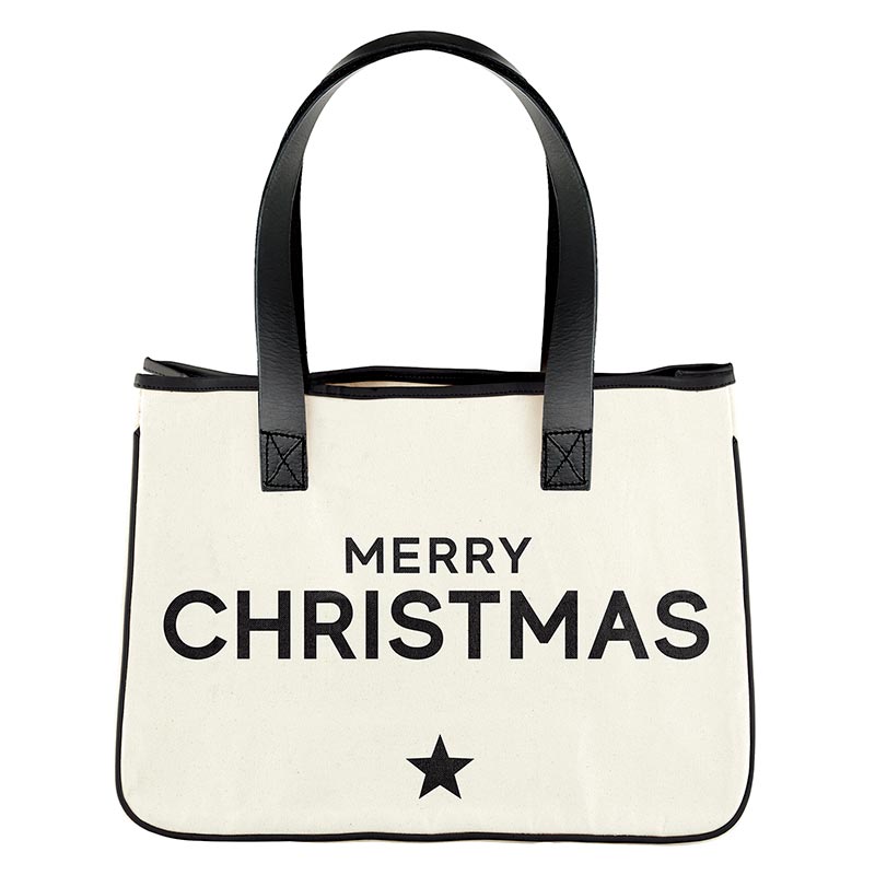 Merry Christmas mini tote, Merry Christmas tote, canvas tote, leather handles, reusable tote, reusable canvas tote, reusable Christmas tote