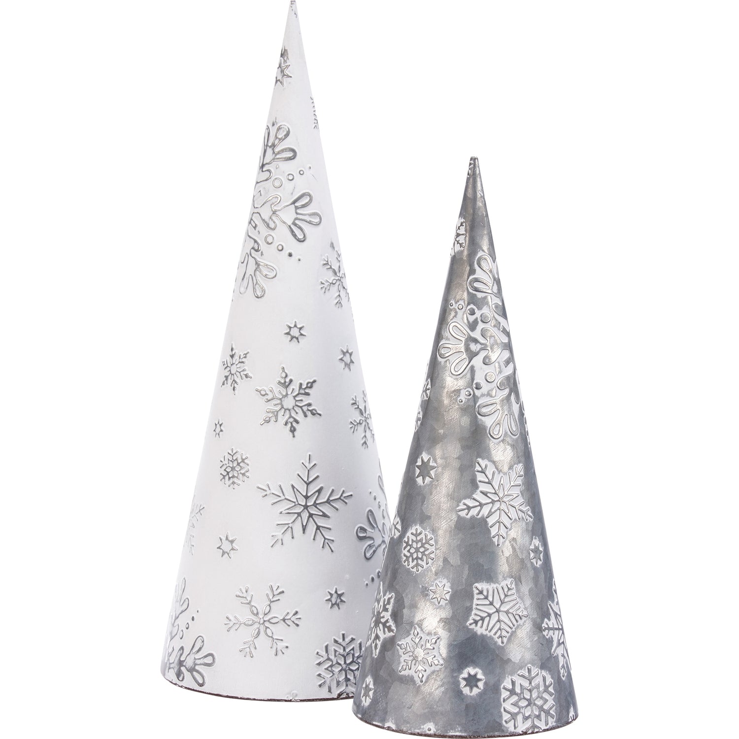 metal trees, snow cone trees, cone trees, metal cone trees, metal snowflake trees, metal snowflake print trees