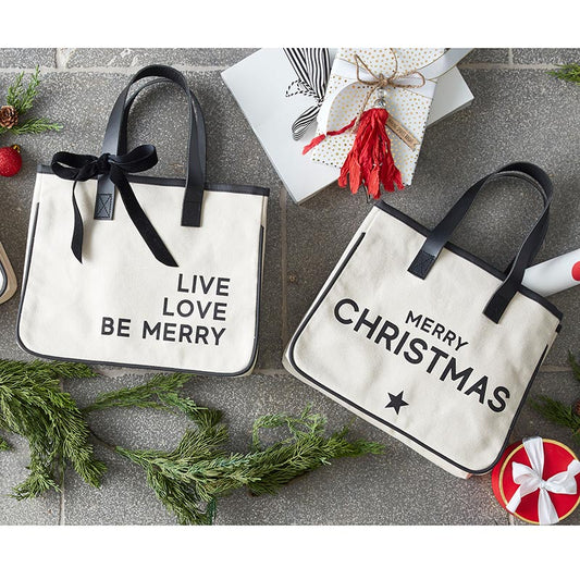 Merry Christmas mini tote, Merry Christmas tote, canvas tote, leather handles, reusable tote, reusable canvas tote, reusable Christmas tote