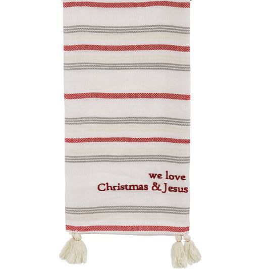 we love Christmas and Jesus, kitchen towel, Christmas kitchen towel, red and white striped hand towel, Christmas hand towel, hand towel with tassels